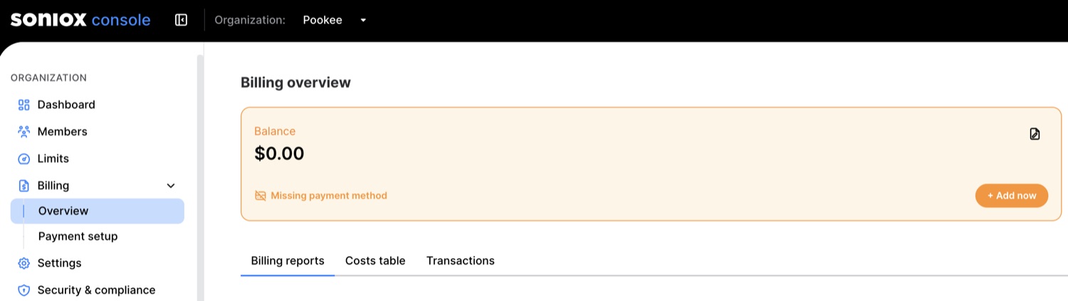 Soniox Billing overview with balance and the Add now button