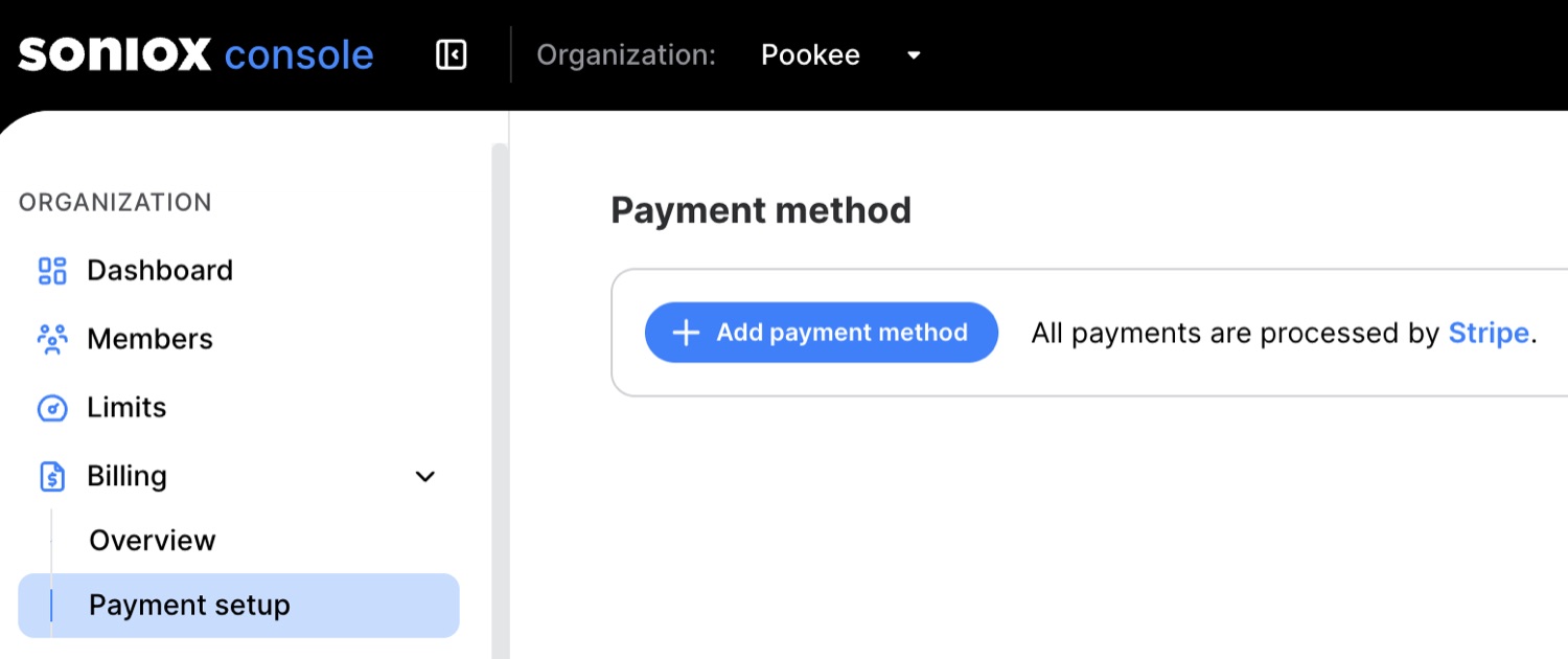 Soniox Payment method page with the Add payment method button