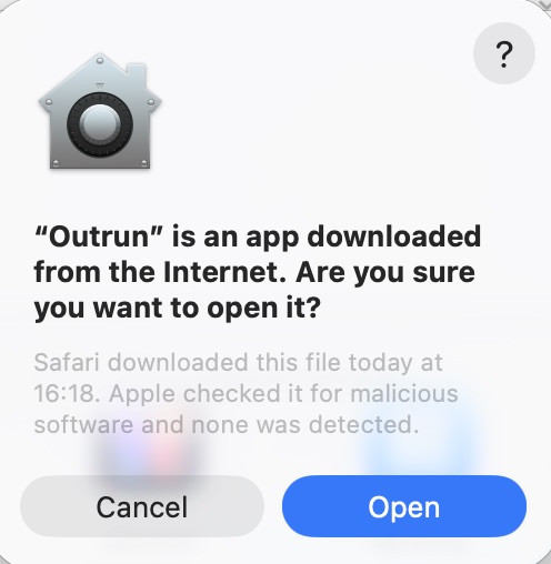 Диалог подтверждения macOS с кнопкой Open