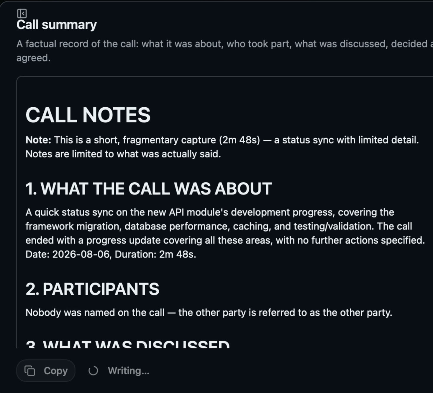Call notes with sections for what the call was about and who took part