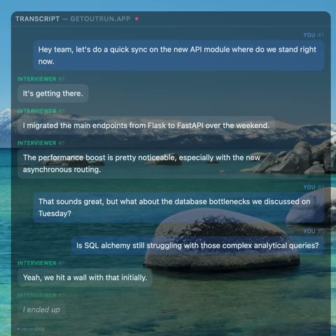 The Outrun transcript panel running over a desktop during a call