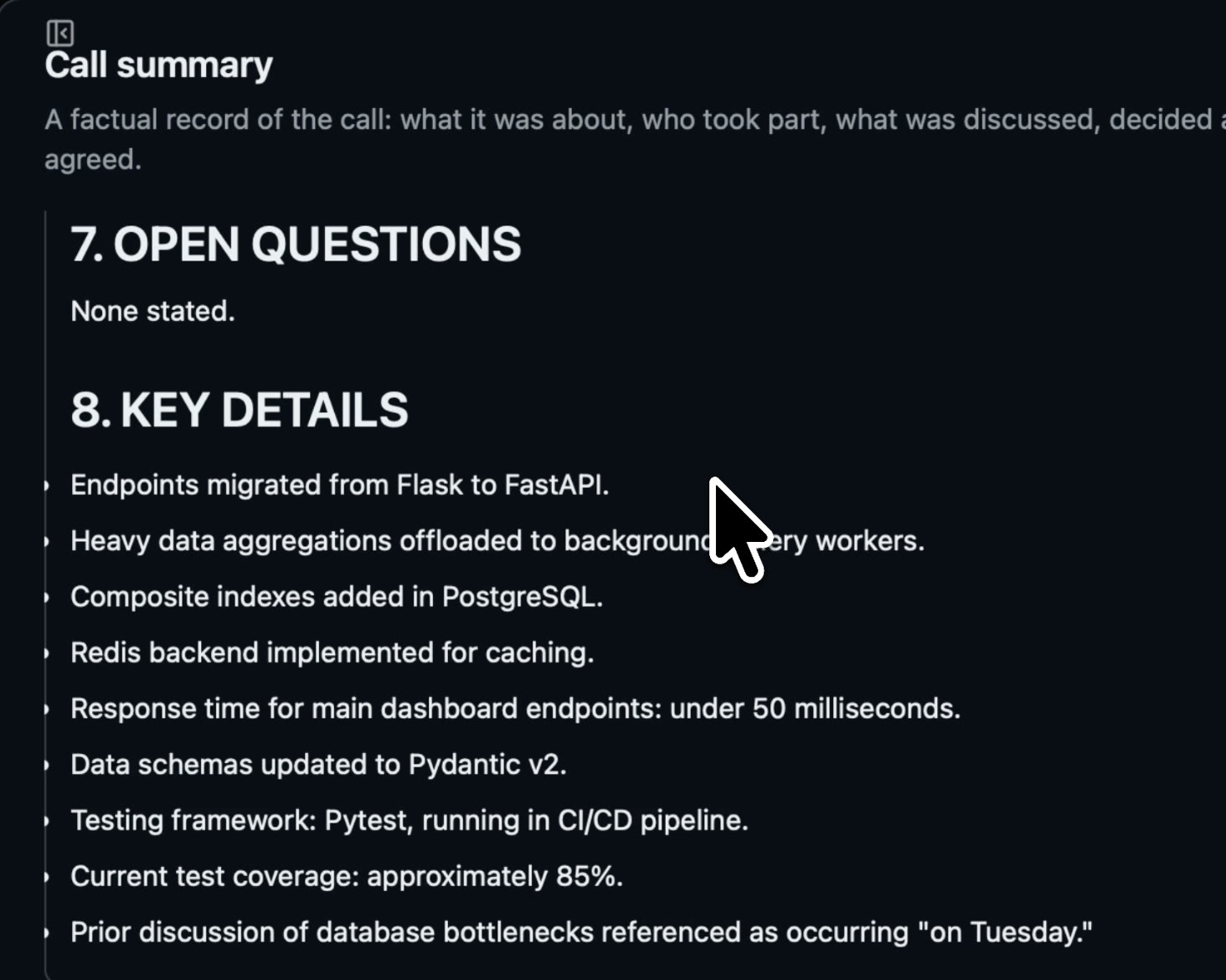 A key details section listing specific technical facts from the call