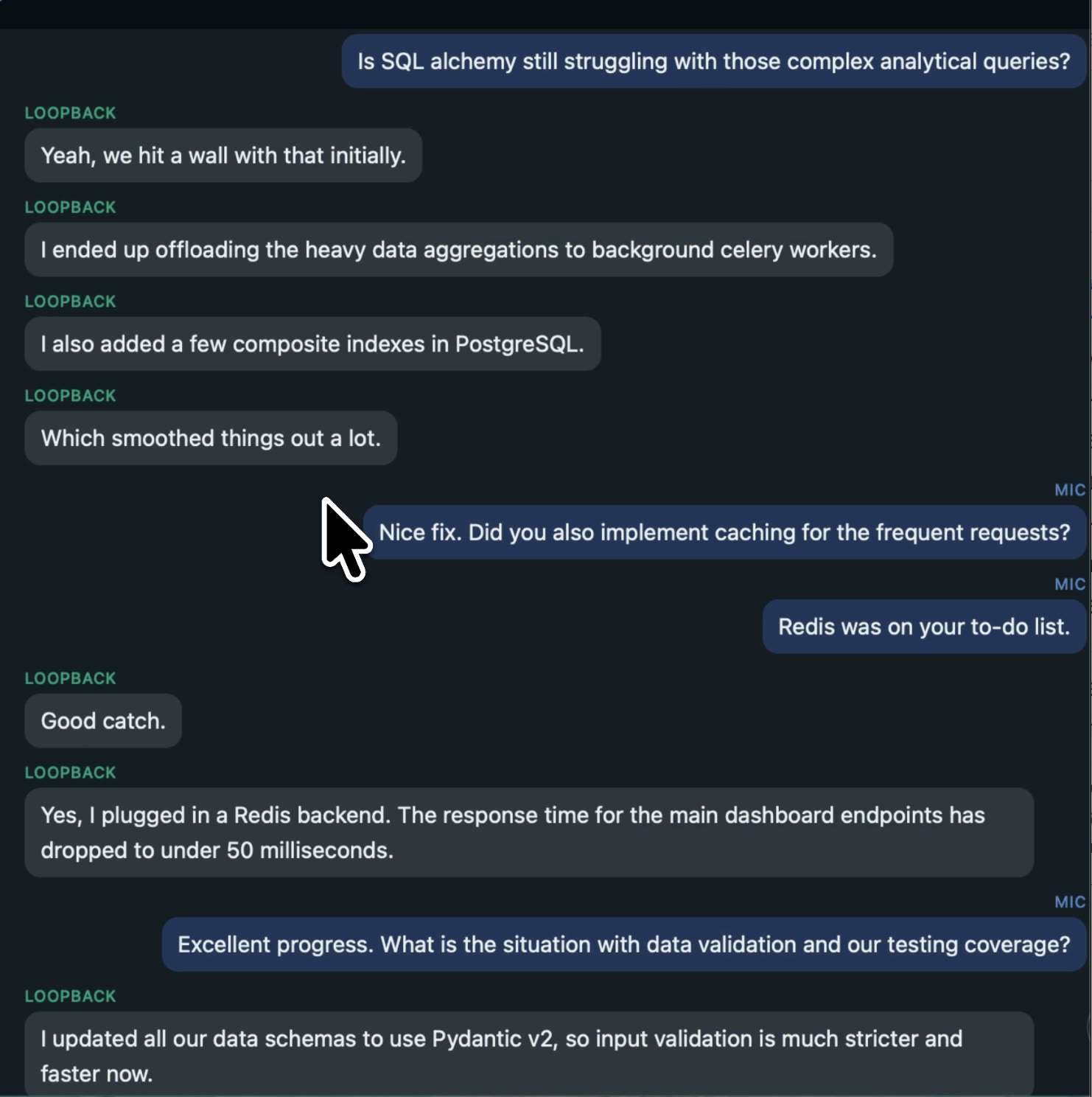 Transcript with each line labelled either MIC or LOOPBACK