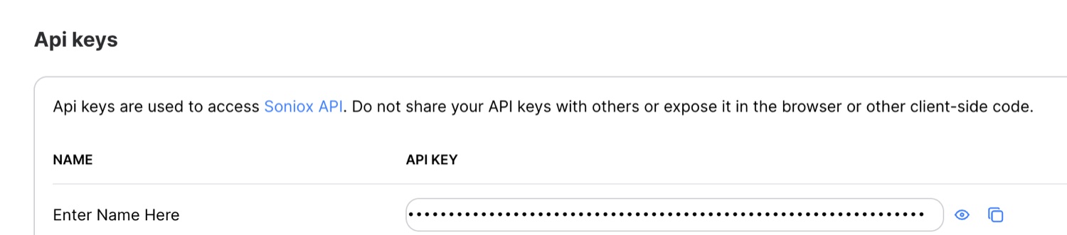 Soniox API keys list with the copy button