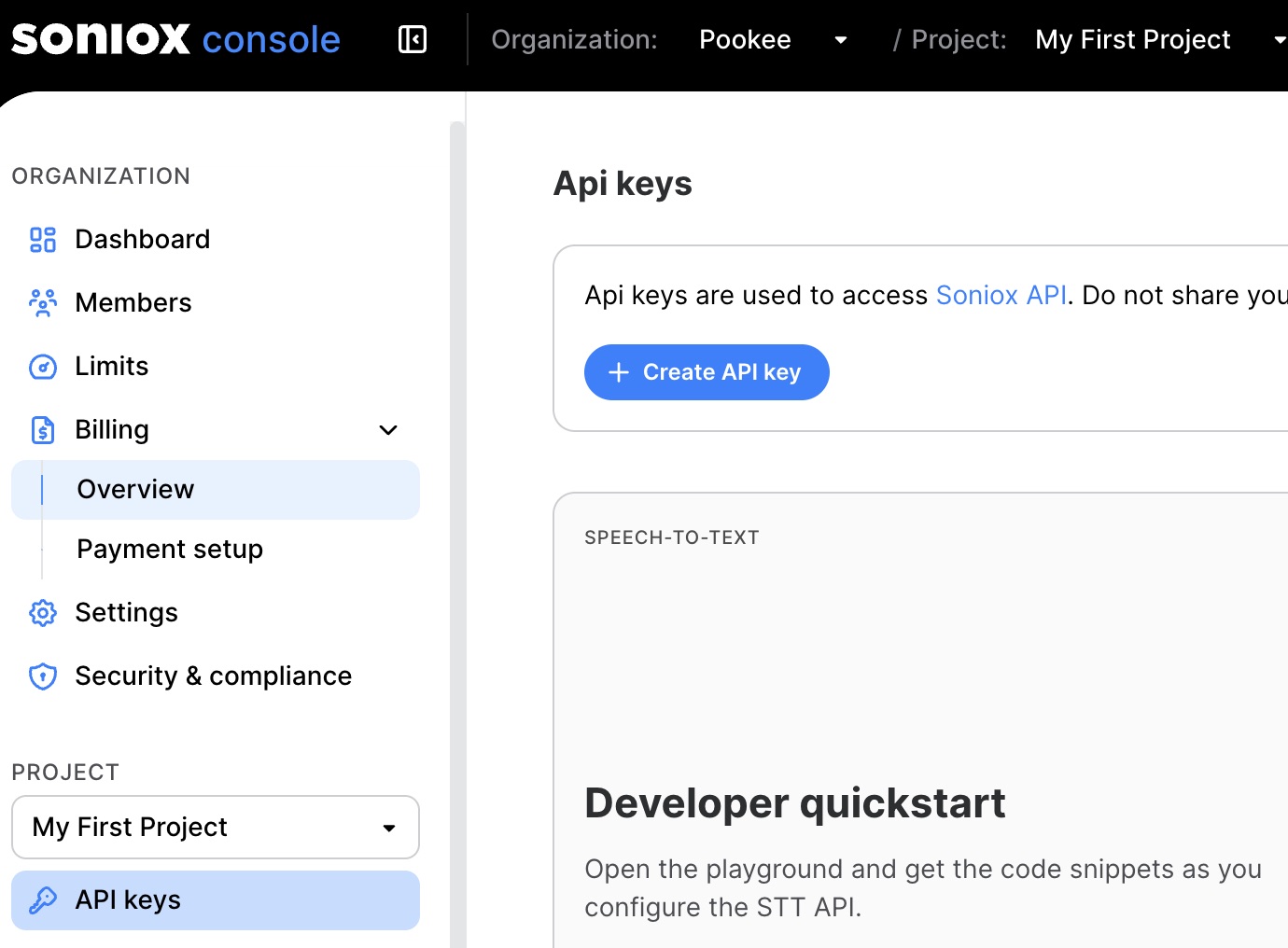 Soniox API keys page with the Create API key button