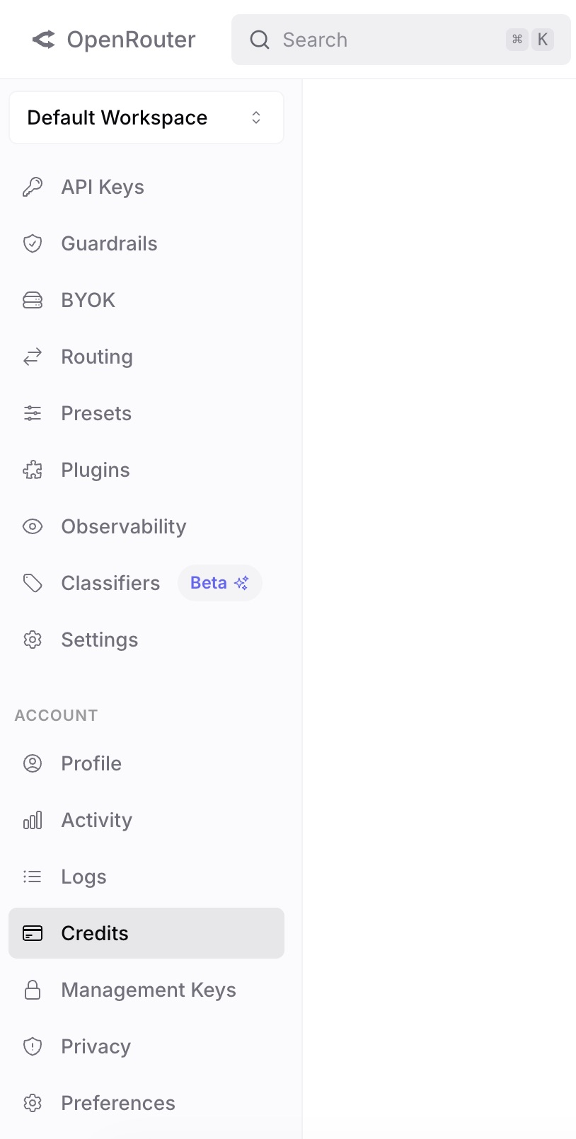 OpenRouter sidebar with Credits highlighted
