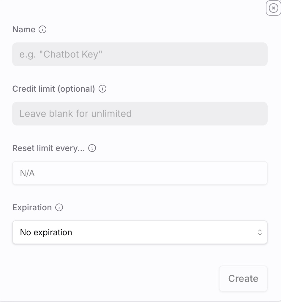 New API key dialog with name and limit fields