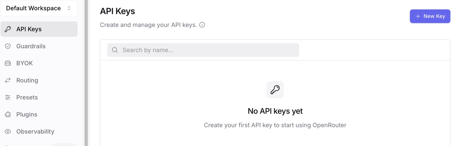 OpenRouter API Keys page with the New Key button