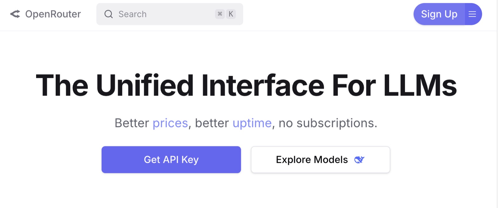 OpenRouter homepage with the Sign Up button