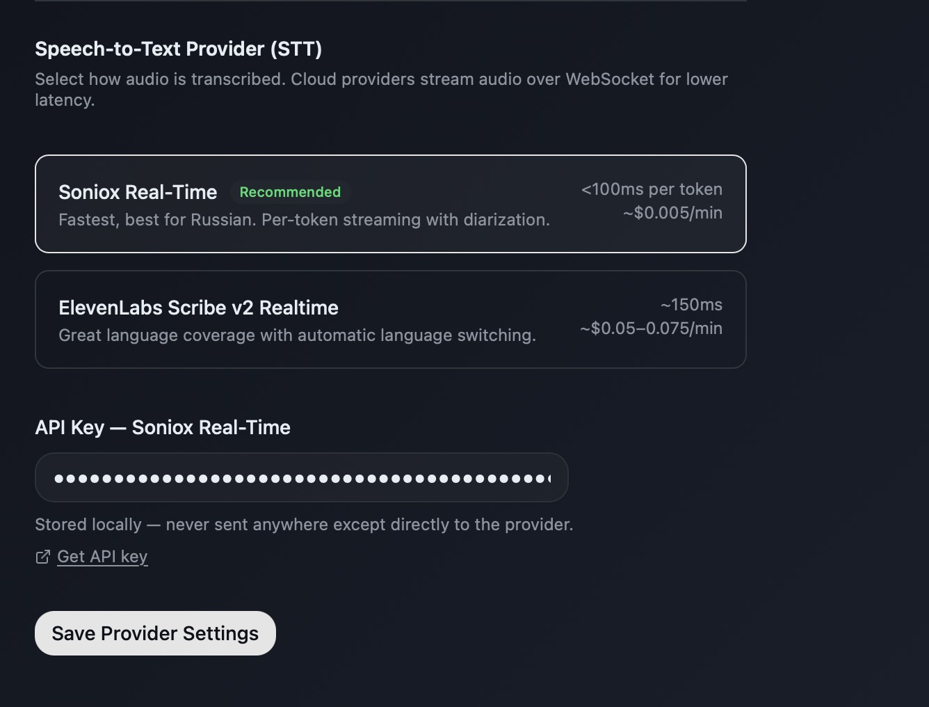 Soniox provider settings with the API key field